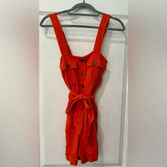 Urban Outfitters | SizeSmall Orange Linen Blend Sleeveless Belted Romper - Picture 2 of 4